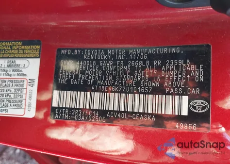 2007 Toyota Camry Se z USA, uszkodzony, nr VIN 4T1BE46K77U101657